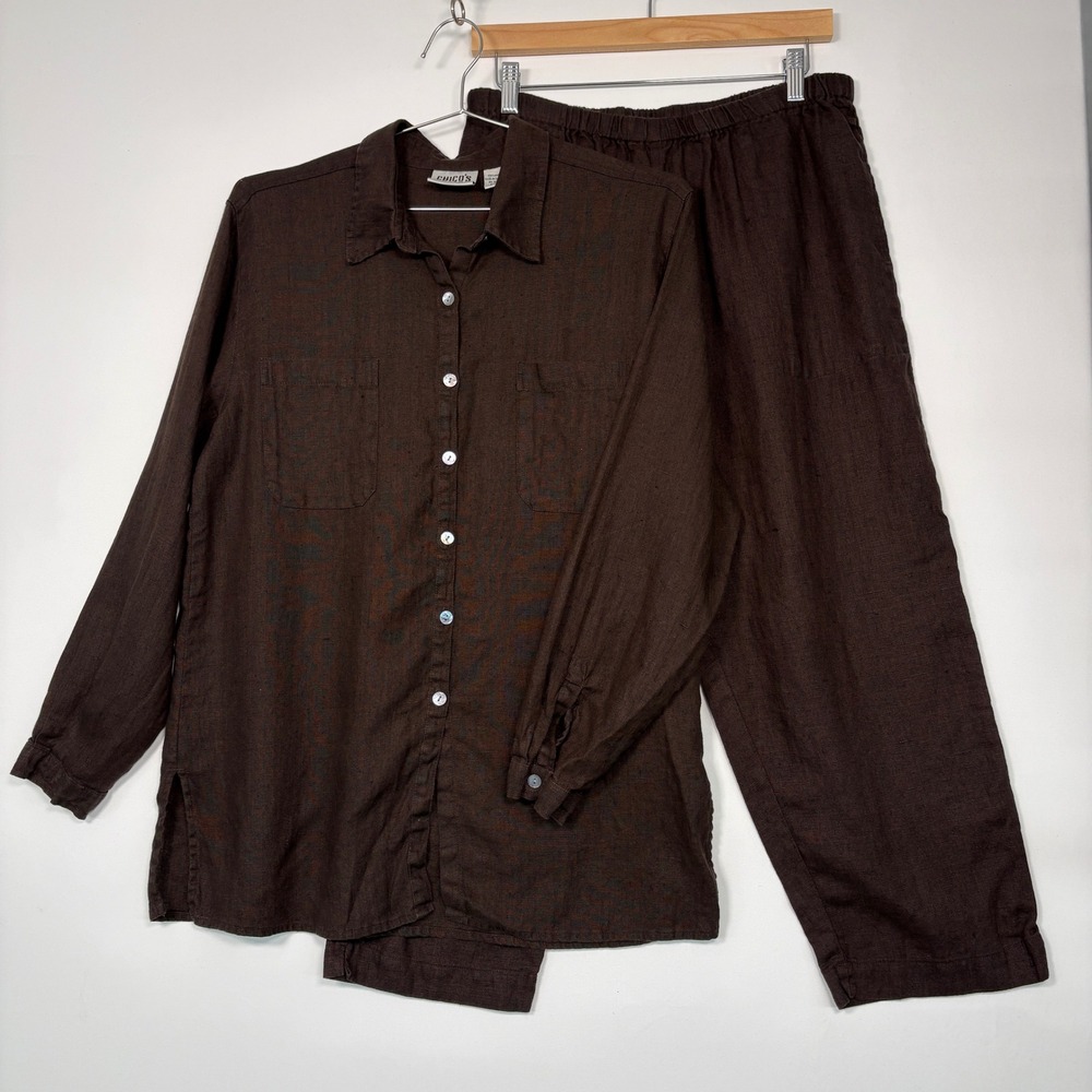 Chico's Womens Linen Pant Set Sz 2 (L) Brown Button Down Long Sleeve 2 Piece Set